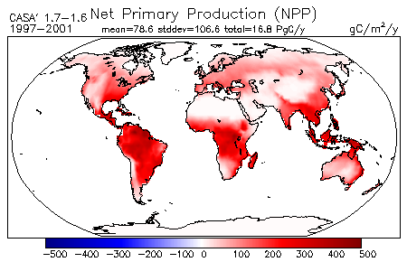 Net Primary Production for CASA′ Experiment 1.7 - Experiment 1.6